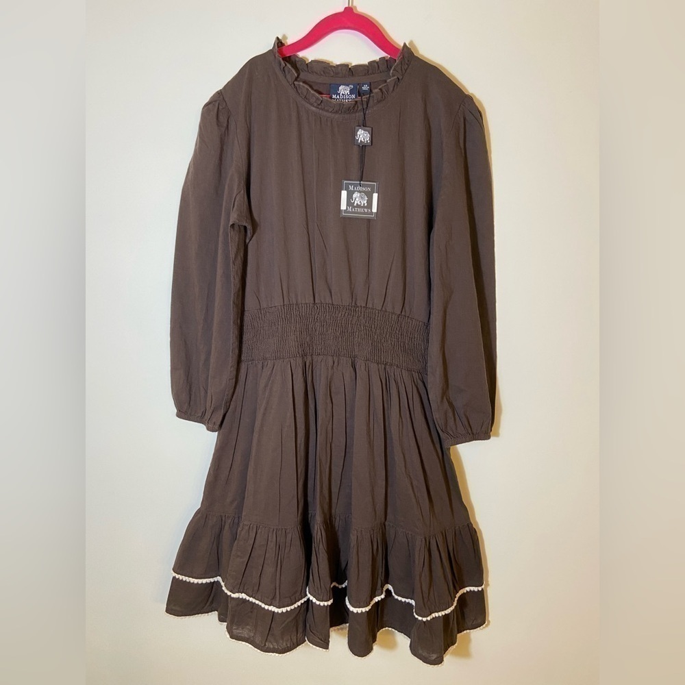 MADISON Mathews Brown 100% Cotton Long Sleeve Knee Length Dress Size XS NWT